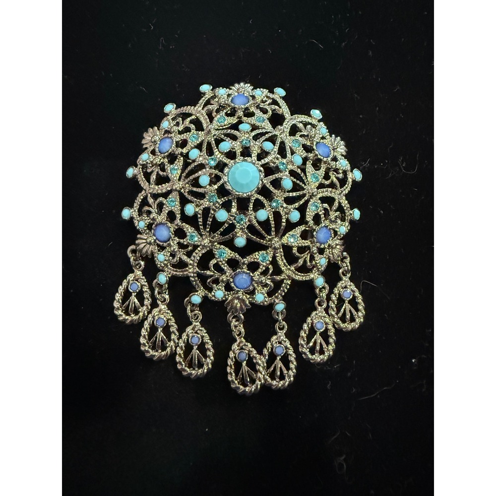 Joan Rivers Silver Tone Turquoise Blue Filigree Mandala Dangle Brooch Pin